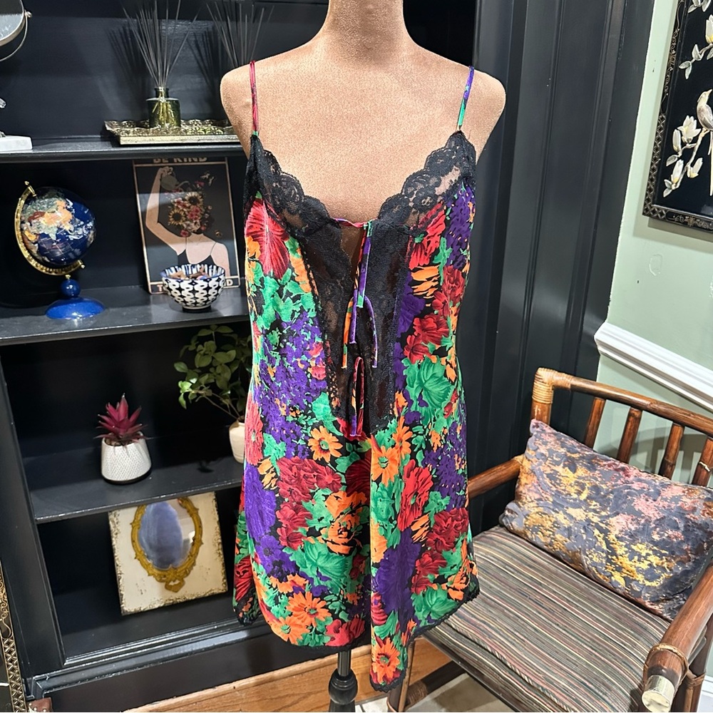 Interludes Floral Silky Lingerie Romper with Lace Trim – Adjustable Straps